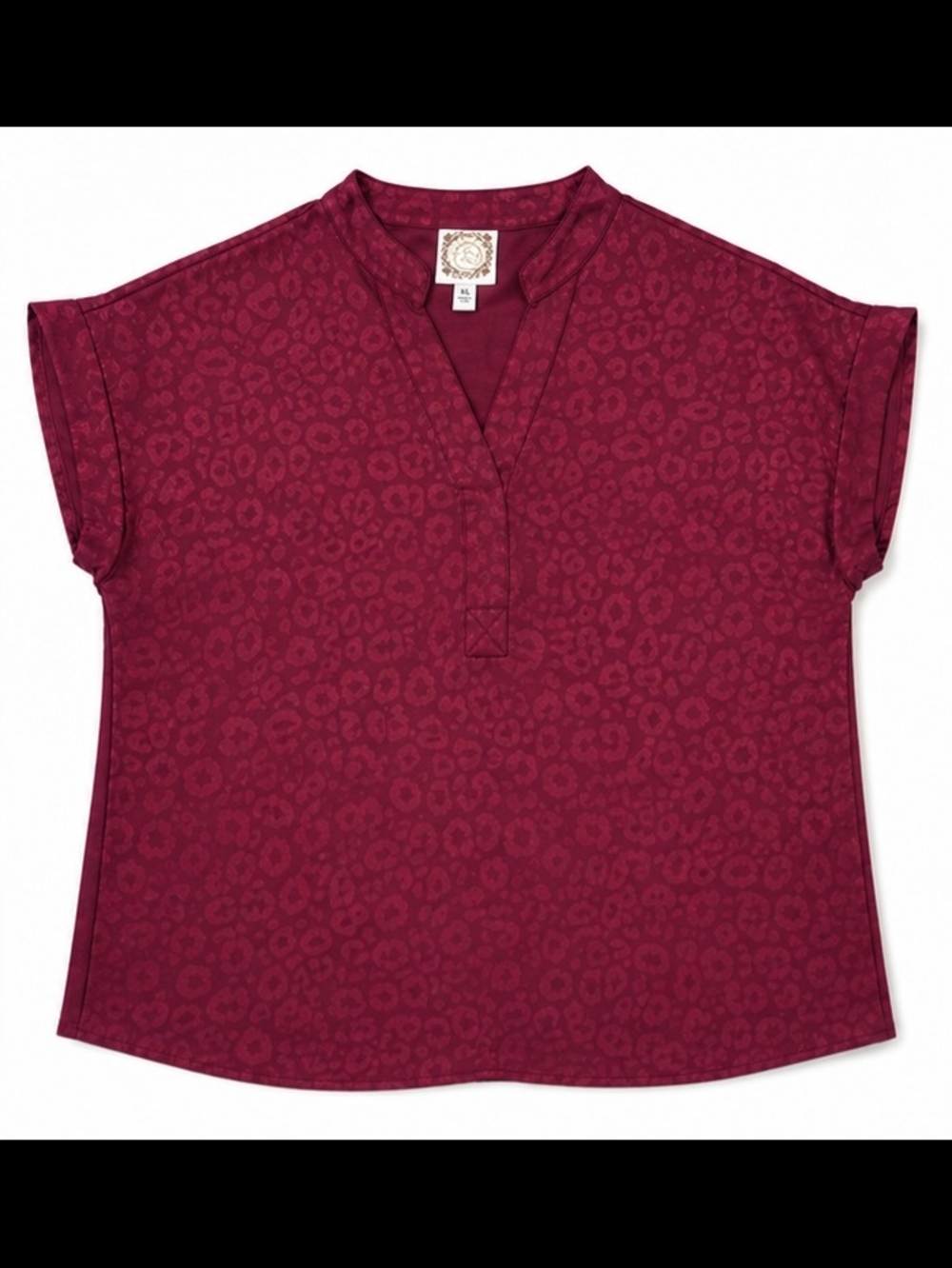 Women’s XL Burgundy Tonal Leopard Print Blouse Short Sleeve Split Neck Top